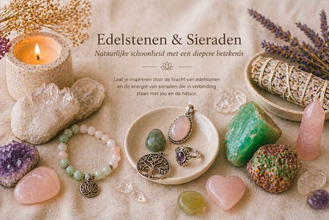 Sieradenpresentatie met edelstenen, kaars, kristallen, parels en een arrangement in zachtroze, beige en groen.