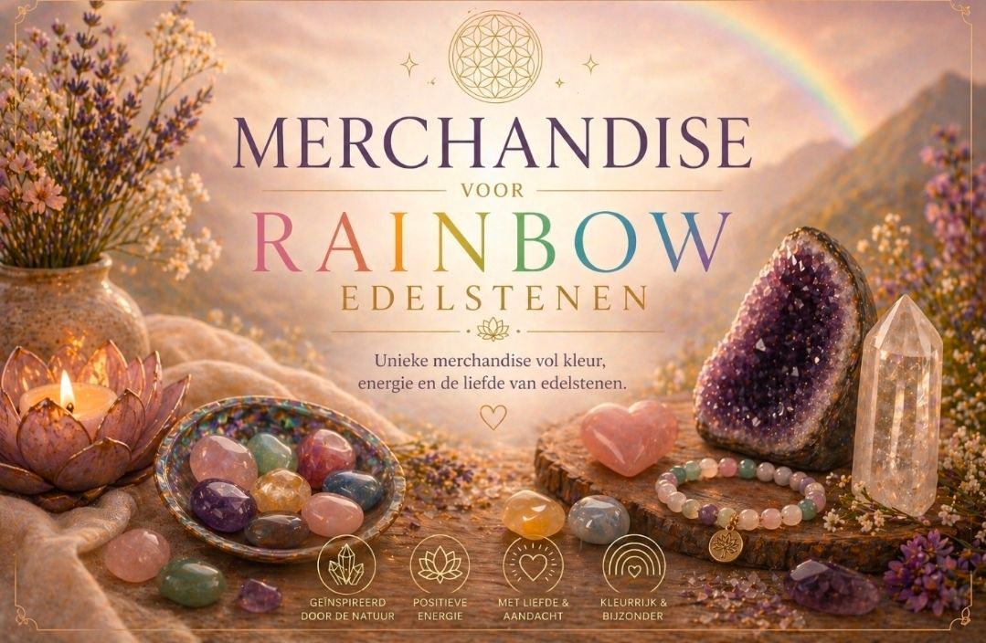 Een display met regenboogkleurige kristallen en edelstenen, met glinsterende amethistgeodes en gouden accenten.