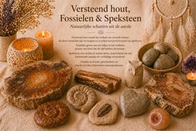 Een assortiment ambachtelijk brood en gebak op een tafel met kaarsen en een achtergrond met Nederlandse tekst.