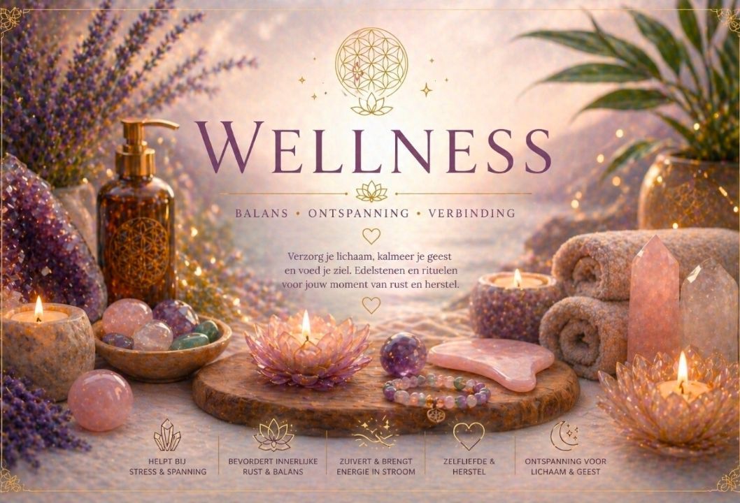 Wellness-spa-presentatie met kaarsen, kristallen, handdoeken en zachtroze verlichting.