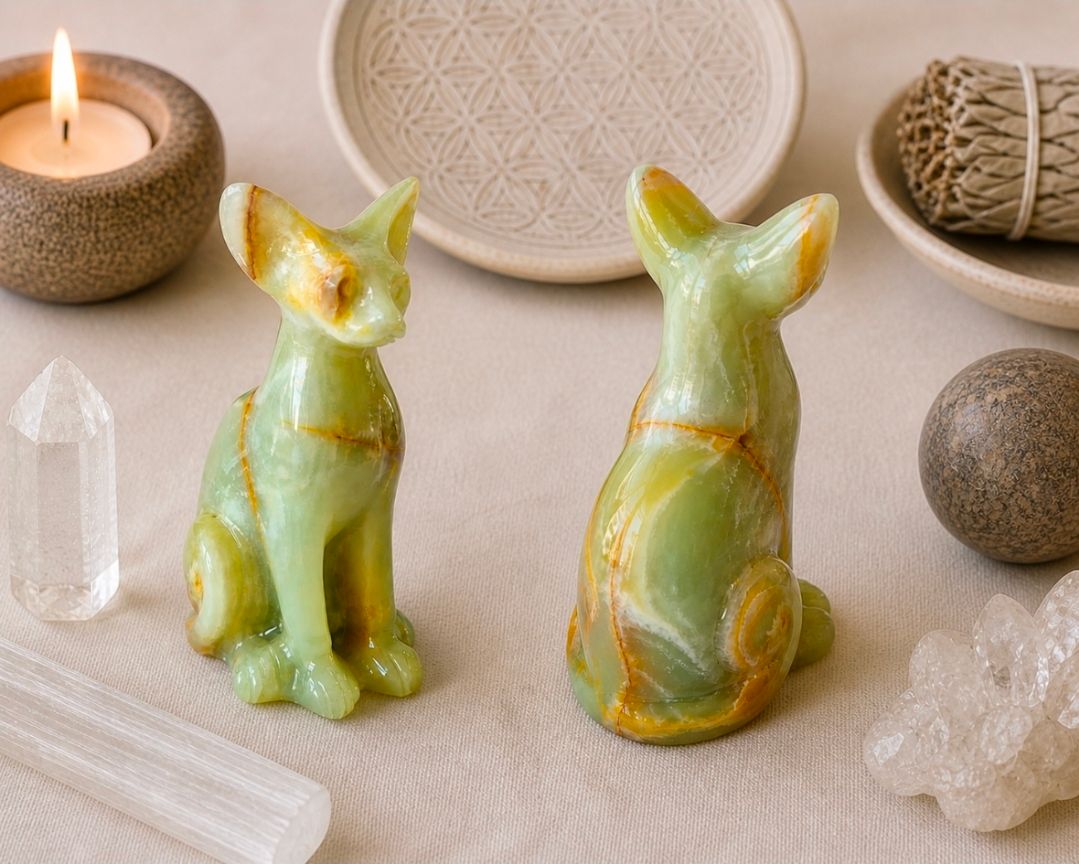 Twee groene vossenbeeldjes op een beige tafelblad met kaarsen, kristallen en geweven decoratie.