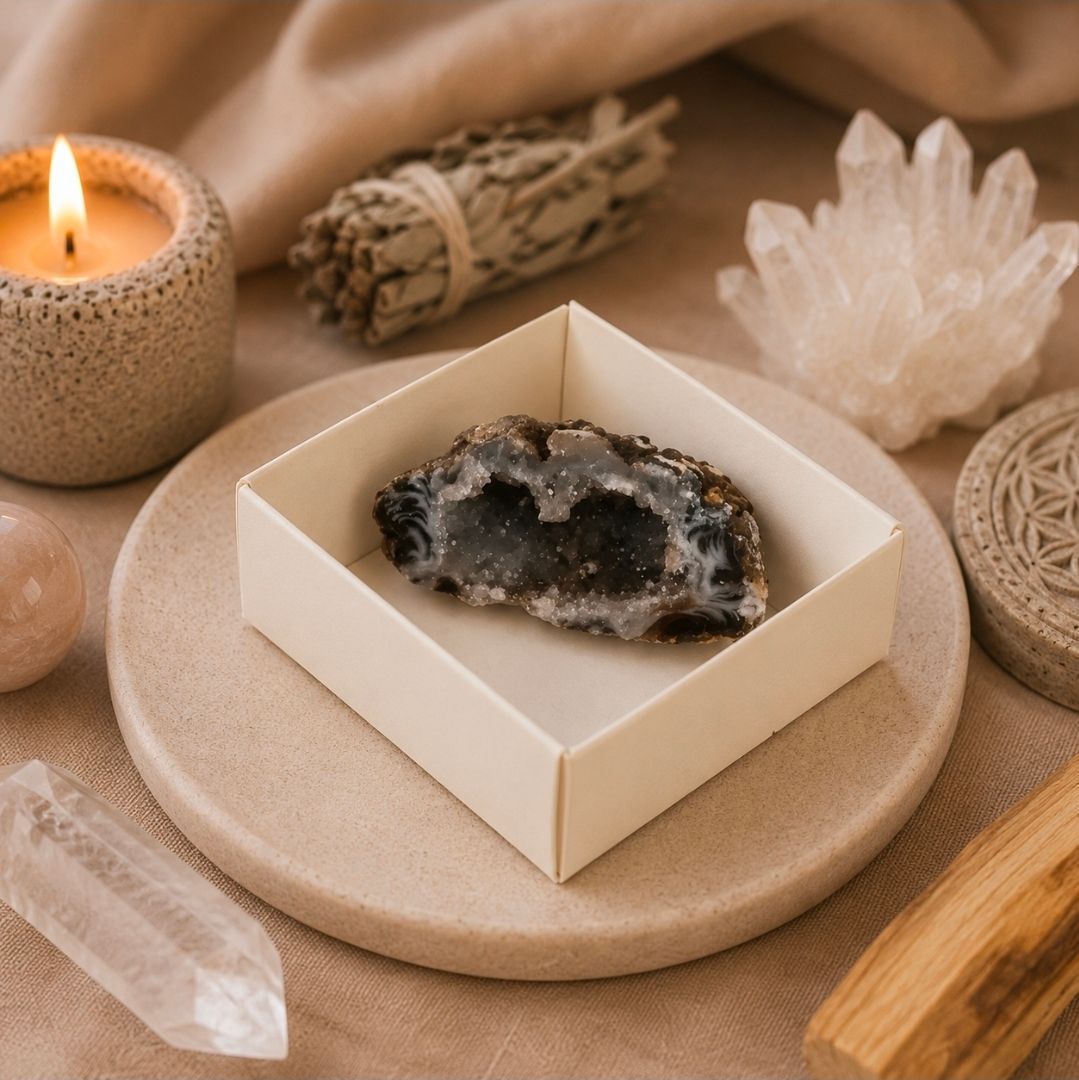 Beige wellness stilleven met kaars, kristallen clusters en een geode in een witte schaal.