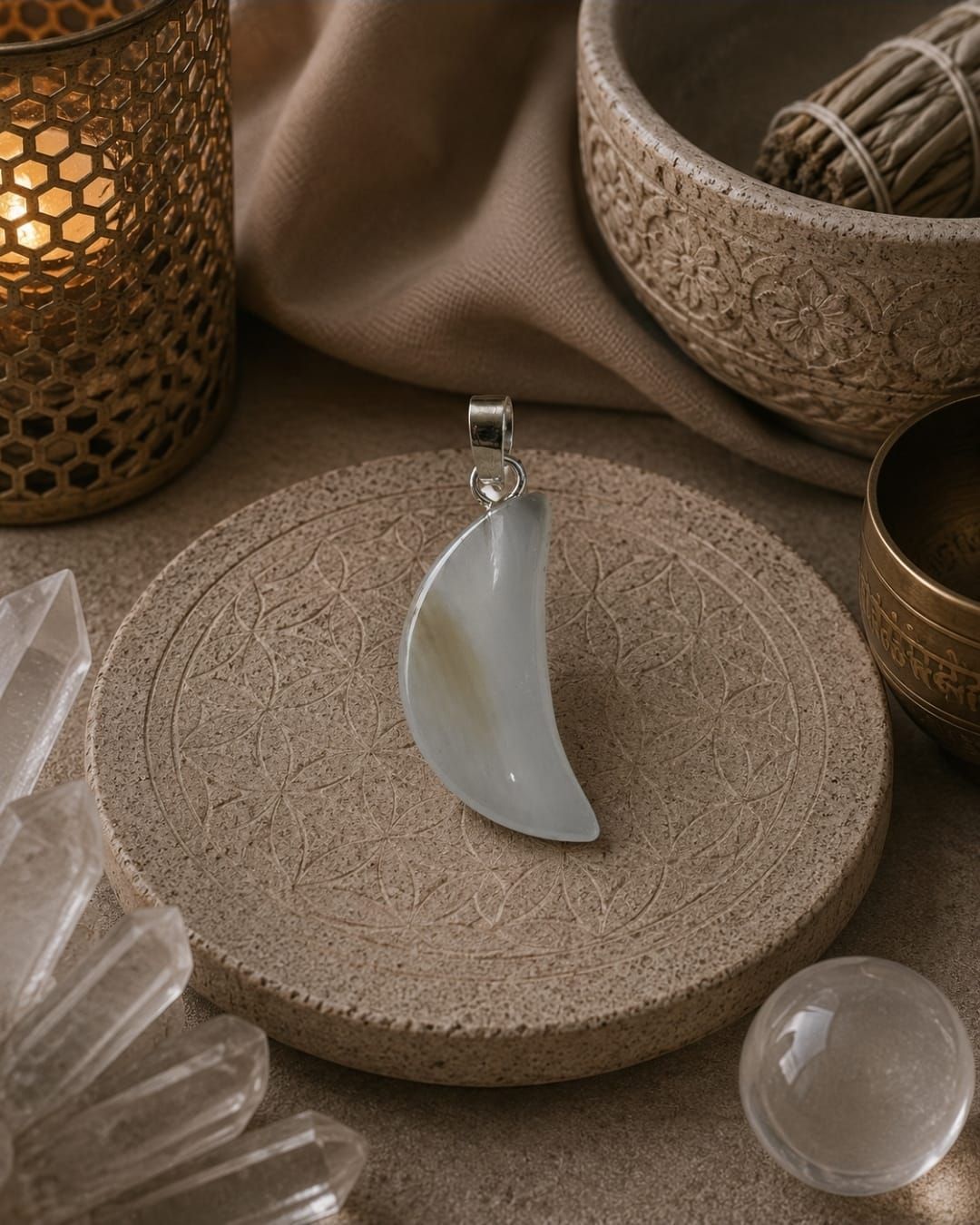 Maanvormige witte hanger op een beige, gestructureerde displaystandaard, met kristallen en warme, sfeervolle decoratie