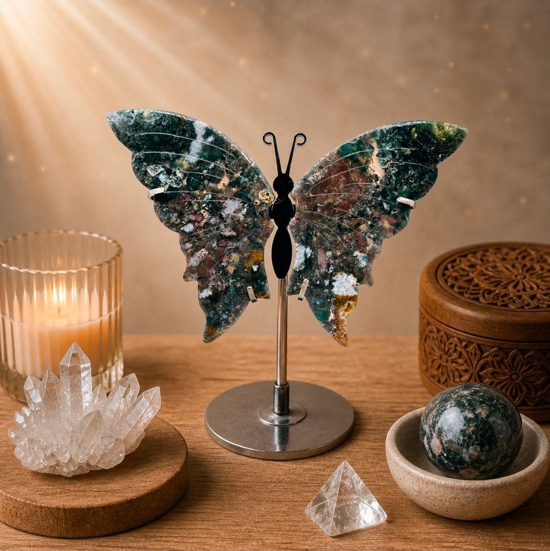 Kristallen vlindersculpturen op sokkels met kaarsen en stenen op een houten tafel onder warm licht.