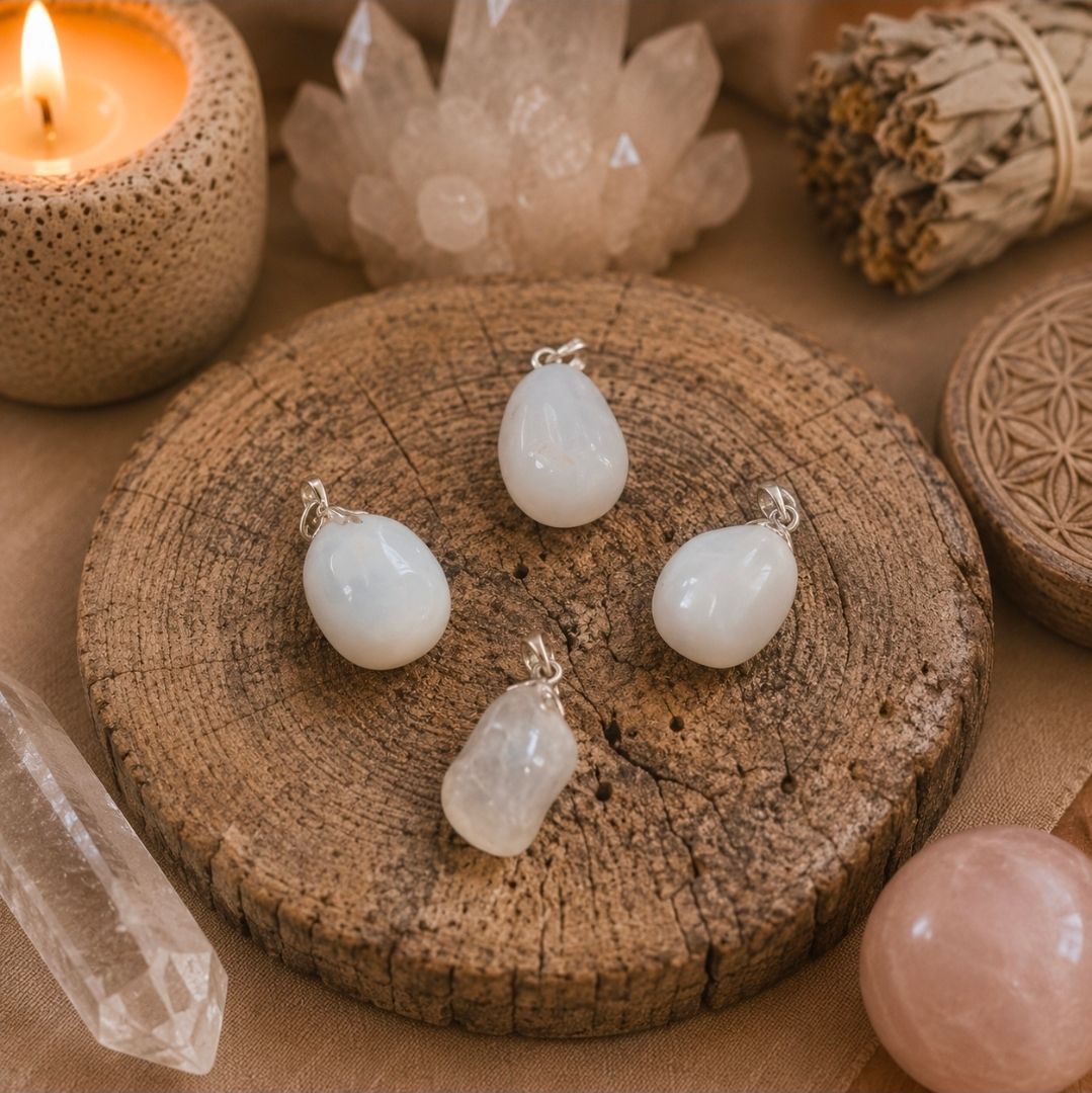 Witte kristallen hangers op een houten schijf met kaars, kwarts en roze stenen in een warme, spa-achtige omgeving.