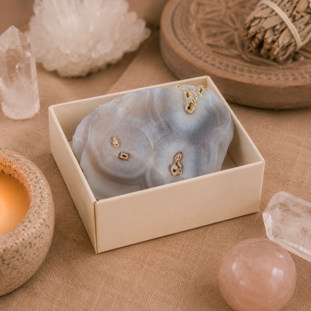 Klein wit doosje met een blauwe, geode-achtige steen op een beige ondergrond, omringd door kristallen en een roze bol.