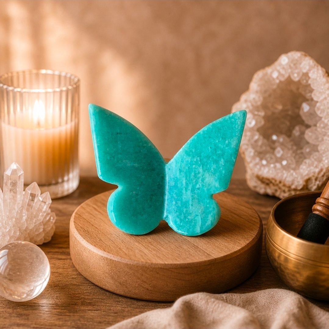 Een turquoise, vlindervormige kaars op een houten standaard met kristallen en een brandende kaars op de achtergrond.