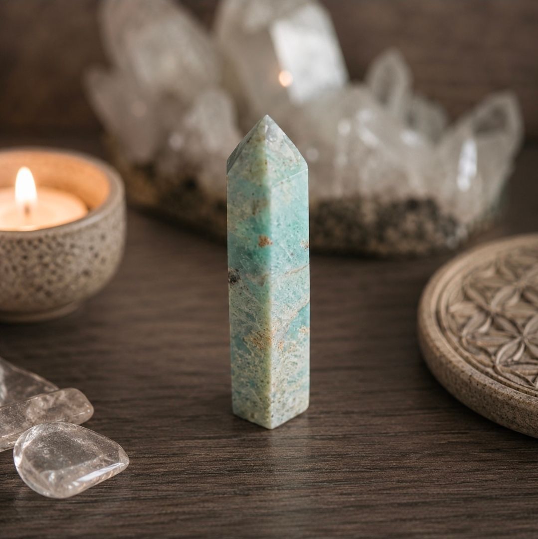 Pastelkleurige kristallen obelisk op een houten tafel met kaarsen en heldere kwartsstenen.