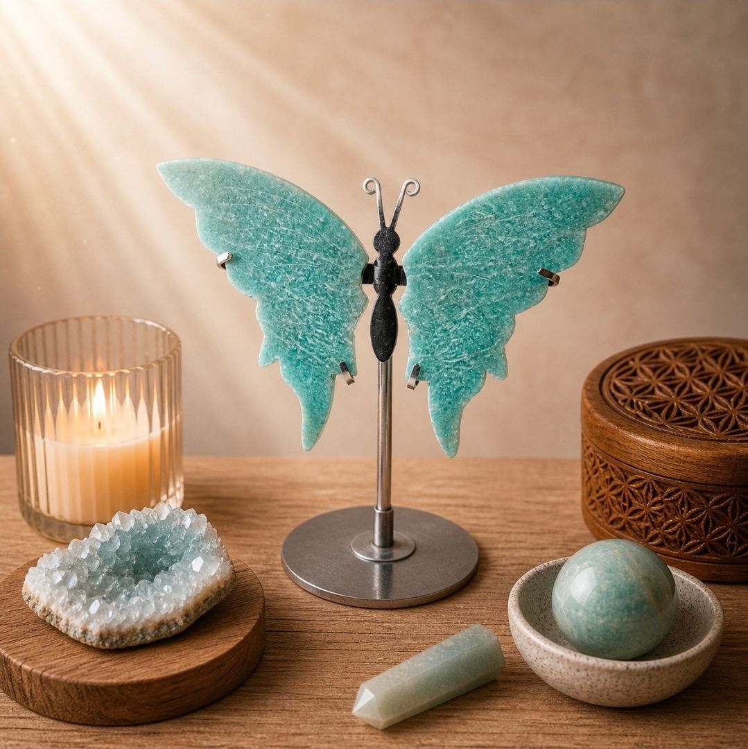 Turquoise vlindersculptuur op een sokkel, met kaarsen en decoratieve stenen op een houten ondergrond.