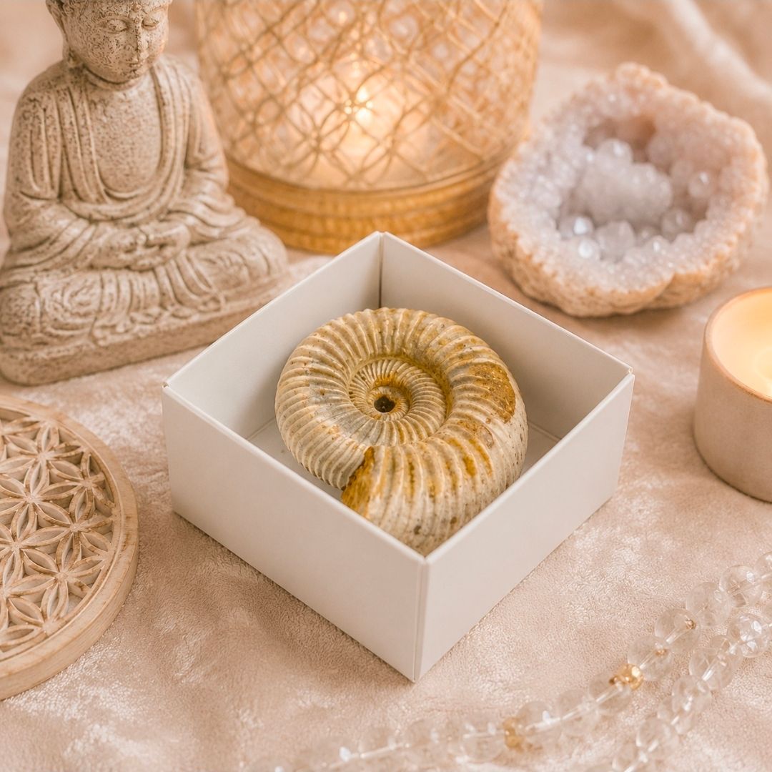 Een Boeddhabeeld, kristallen decoratie en een kaars in de vorm van een schelp in een witte doos op een beige ondergrond.