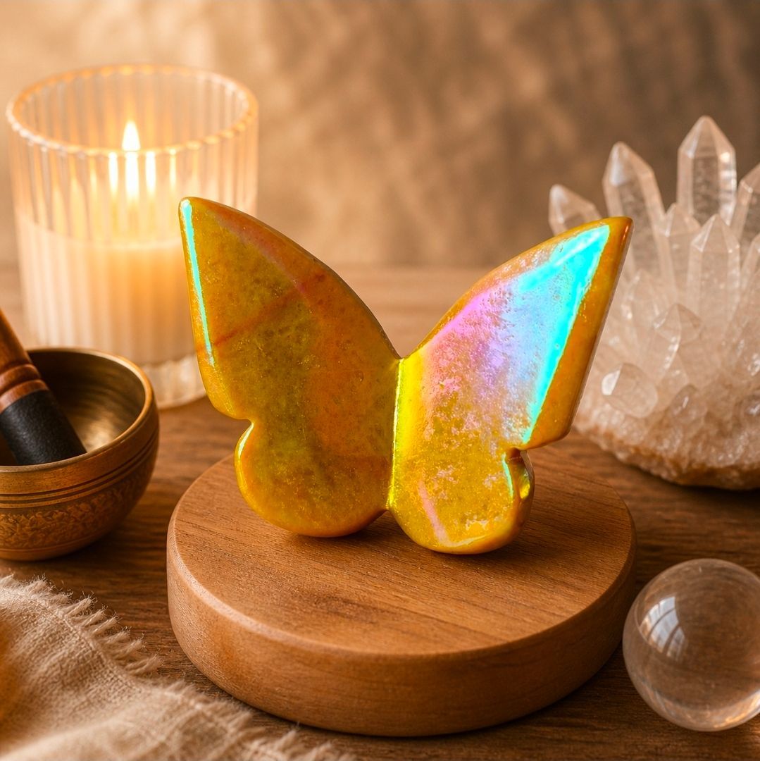 Een glinsterend gouden vlinderbeeldje op een houten voetstuk met kaarsen en kristallen in een warm licht.
