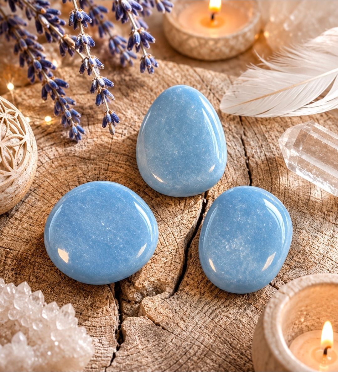 Drie gepolijste blauwe stenen op een rustieke houten ondergrond met kaarsen en lavendel.