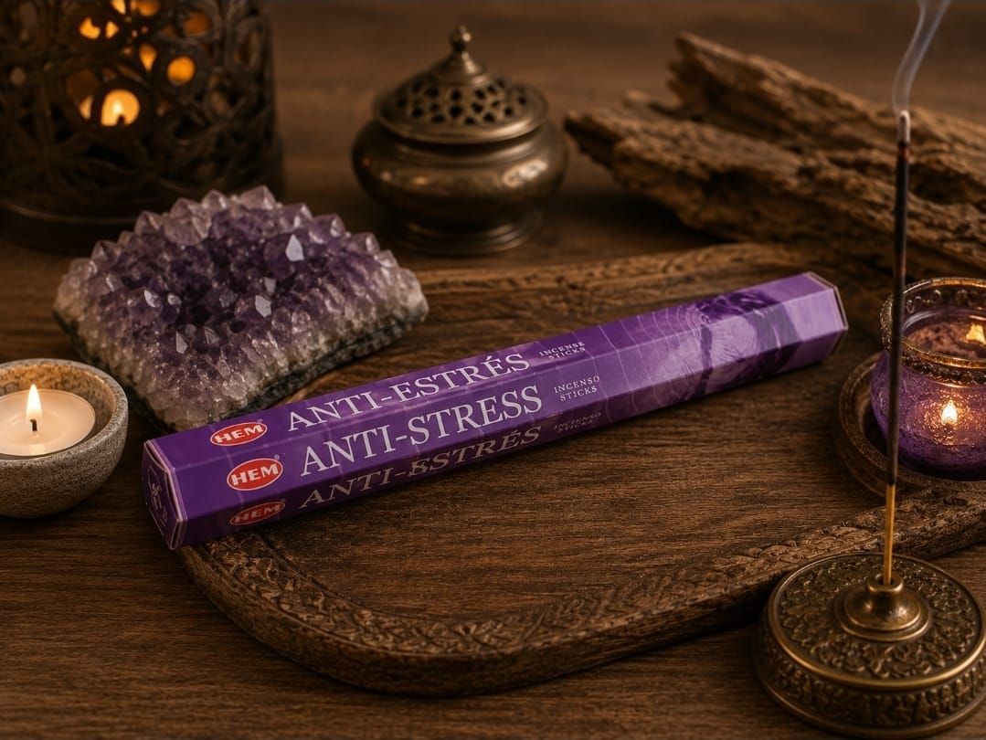 Paarse antistress wierookdoos op een houten dienblad met kaars, kristallen en rook op een donkere tafel.