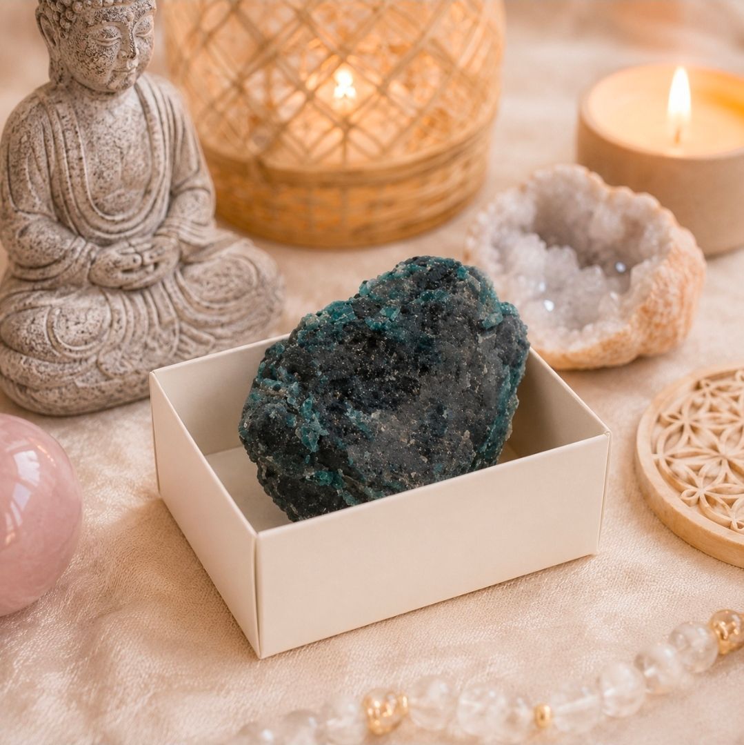 Meditatiealtaar met Boeddhabeeld, donker kristal in een doos, kaarsen en zachte decoratieve stenen.