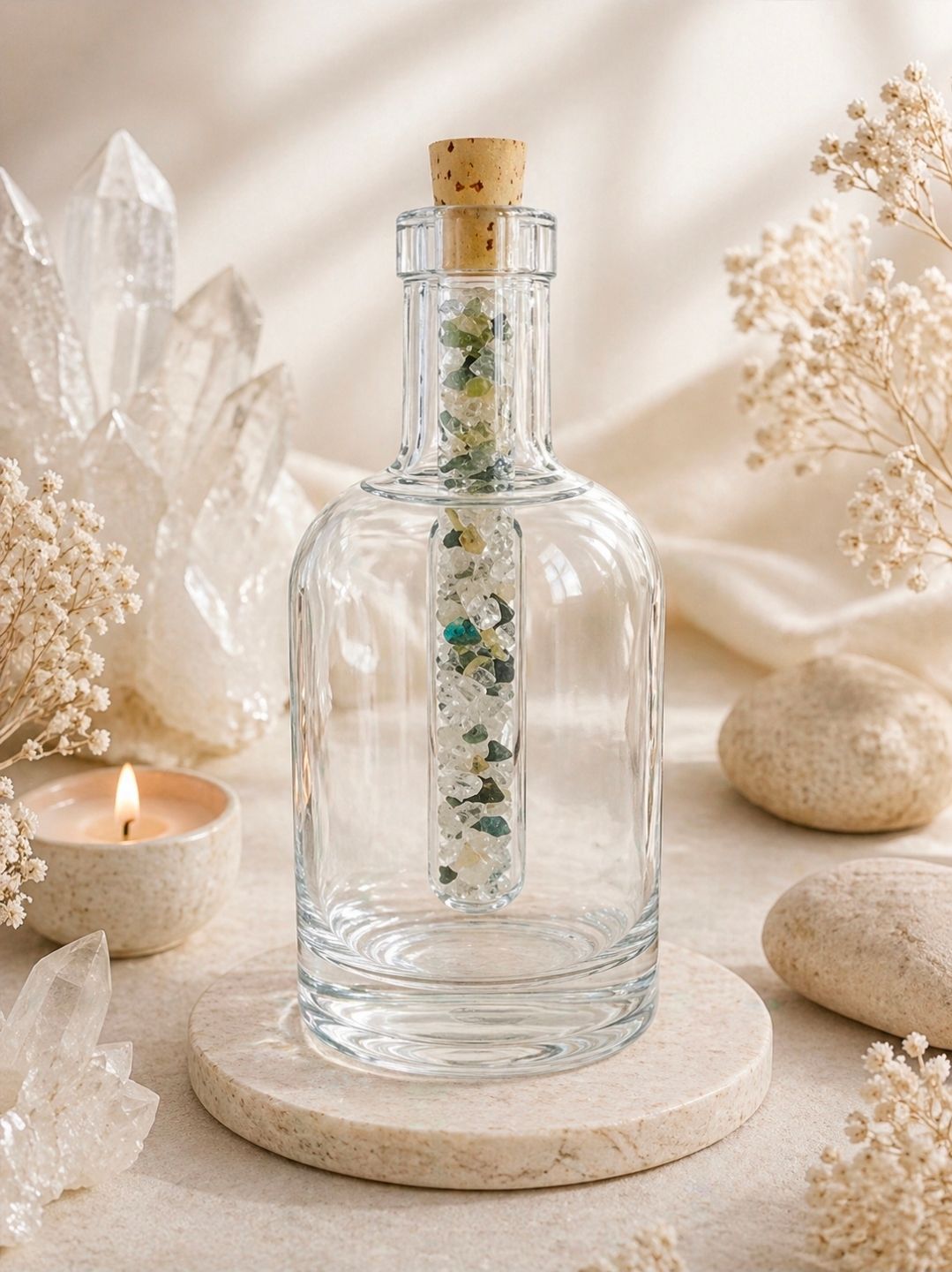 Glazen fles met gedroogde bloemen en kurk op een beige, spa-achtige display met kaarslicht.