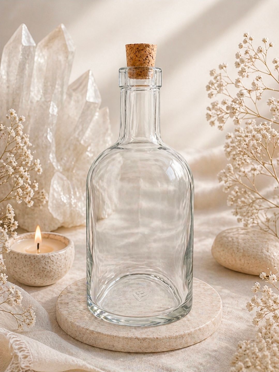 Een doorzichtige glazen fles met kurk op een beige stenen ondergrond, omringd door gedroogde bloemen en een brandende kaars.