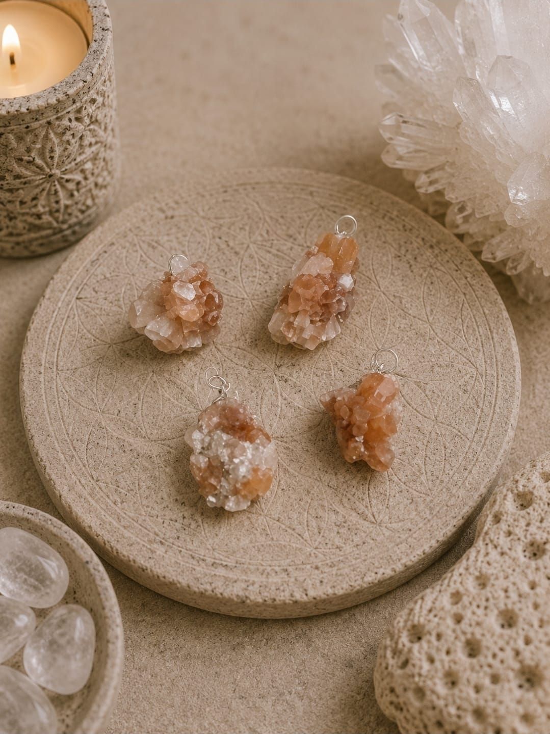 Kleine rozenkwartskristallen op een rond beige stenen dienblad naast een kaars en schelpdecoratie.