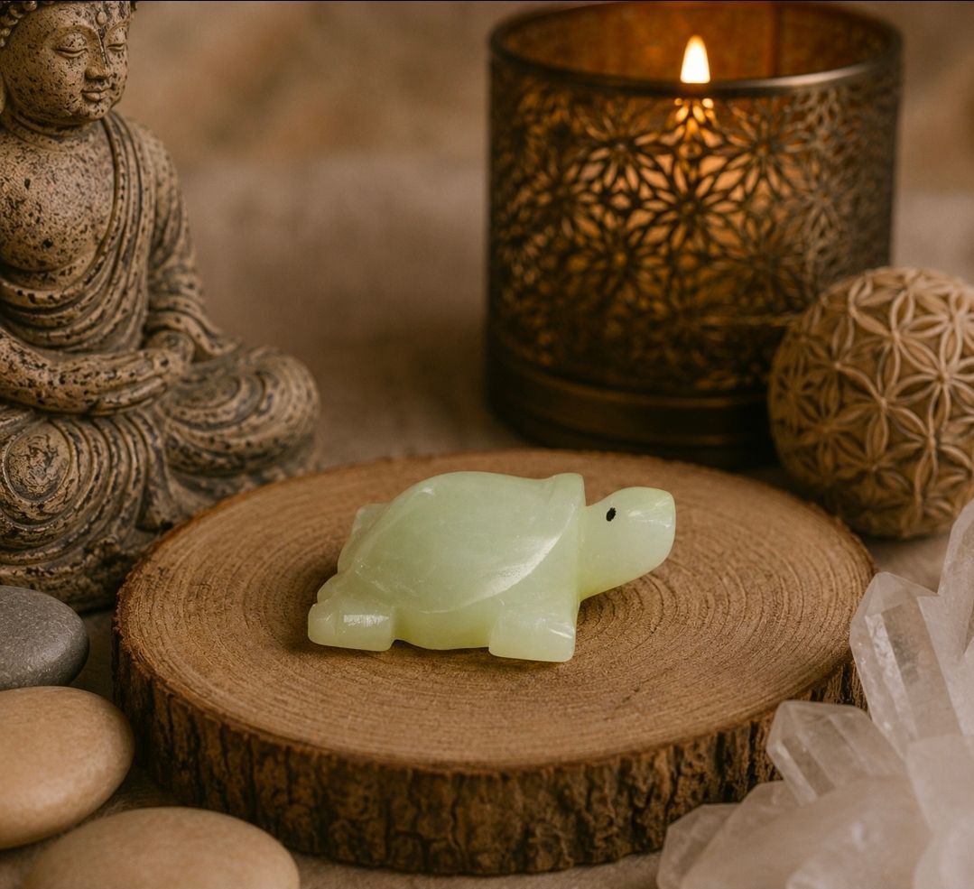 Groene stenen schildpad op een houten schijf naast een Boeddhabeeld, kaars en kristallen in warm licht.