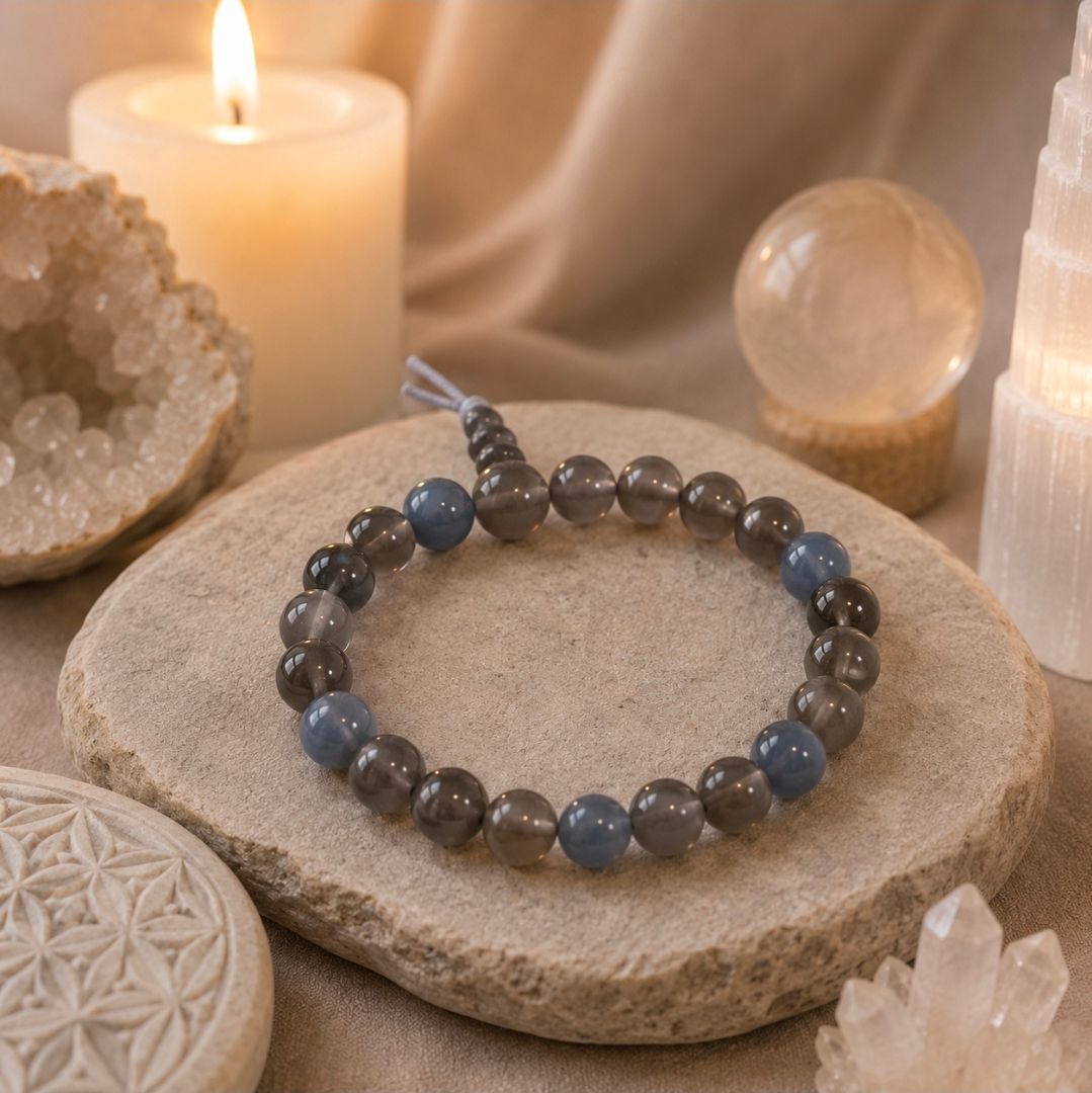 Een blauwgrijze kralenarmband op een stenen schaal met kaarsen, kristallen en een gesneden houten schijf.