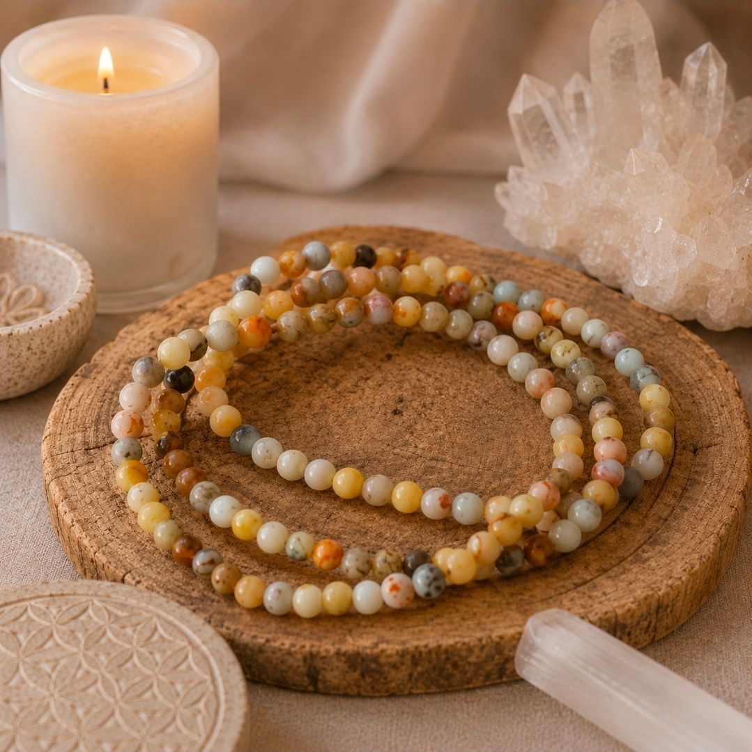 Kralenarmbandjes op een kurken onderzetter met een brandende kaars en kristallen decoratie op een zachtbeige ondergrond.