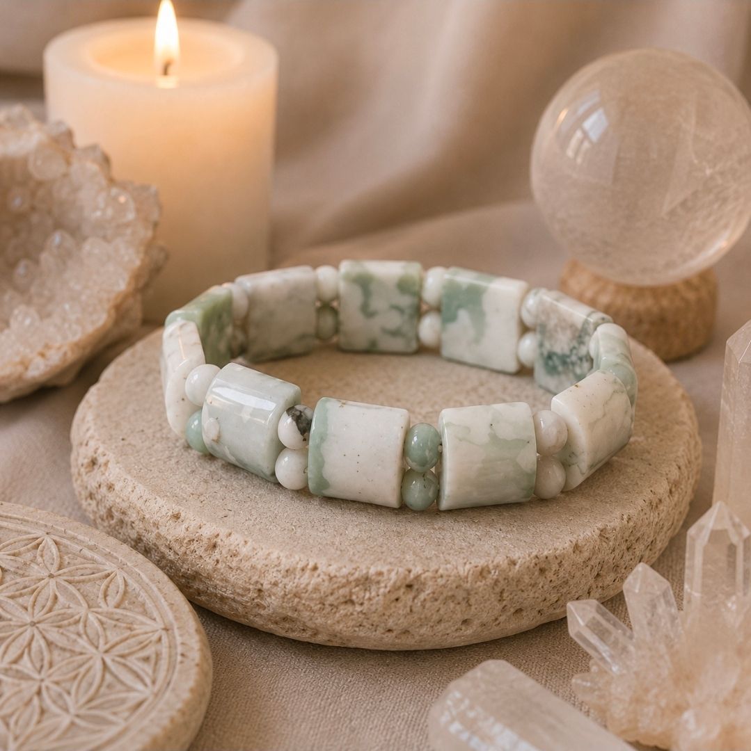 Witte kristallen armband op een beige steen met kaarsen en kwartsdecoratie op een zachte, neutrale achtergrond.