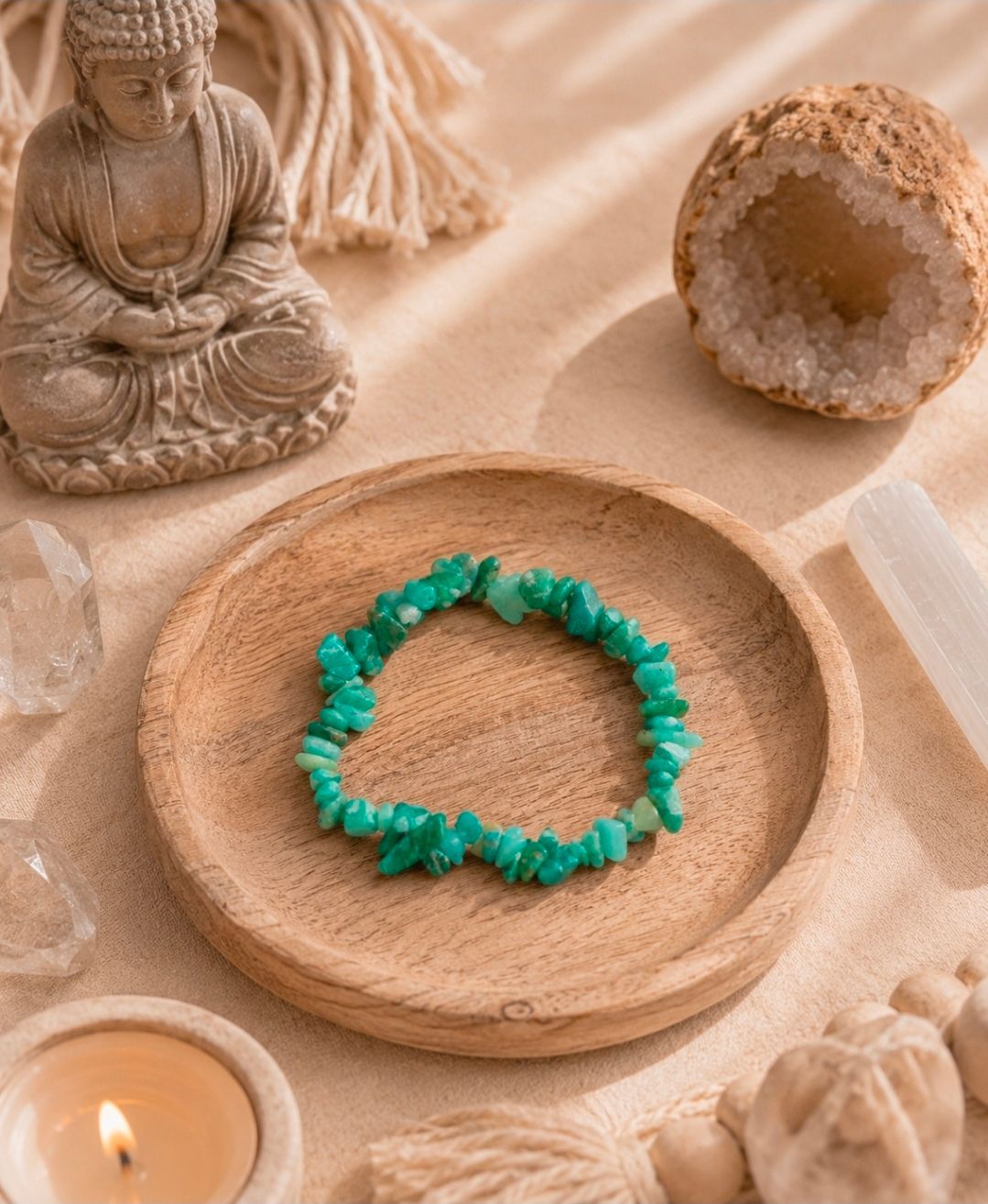 Een turquoise kralenarmband op een houten schaal met een Boeddhabeeldje en een kaars in een beige spa-omgeving.