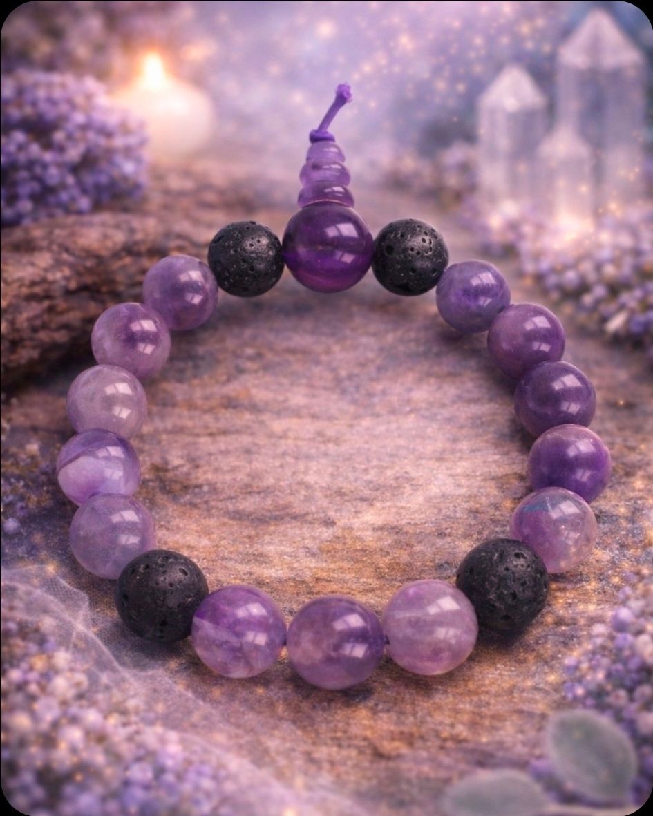 Paarse en zwarte kralenarmband met een bedeltje, op een zachte pastelkleurige achtergrond.