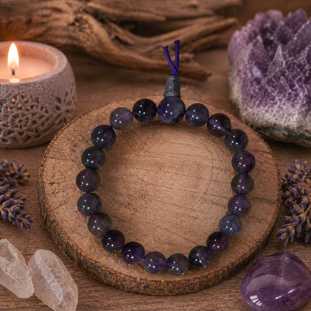 Paarse kralenarmband op een houten schijf met kristallen en een brandende kaars op een rustieke ondergrond.
