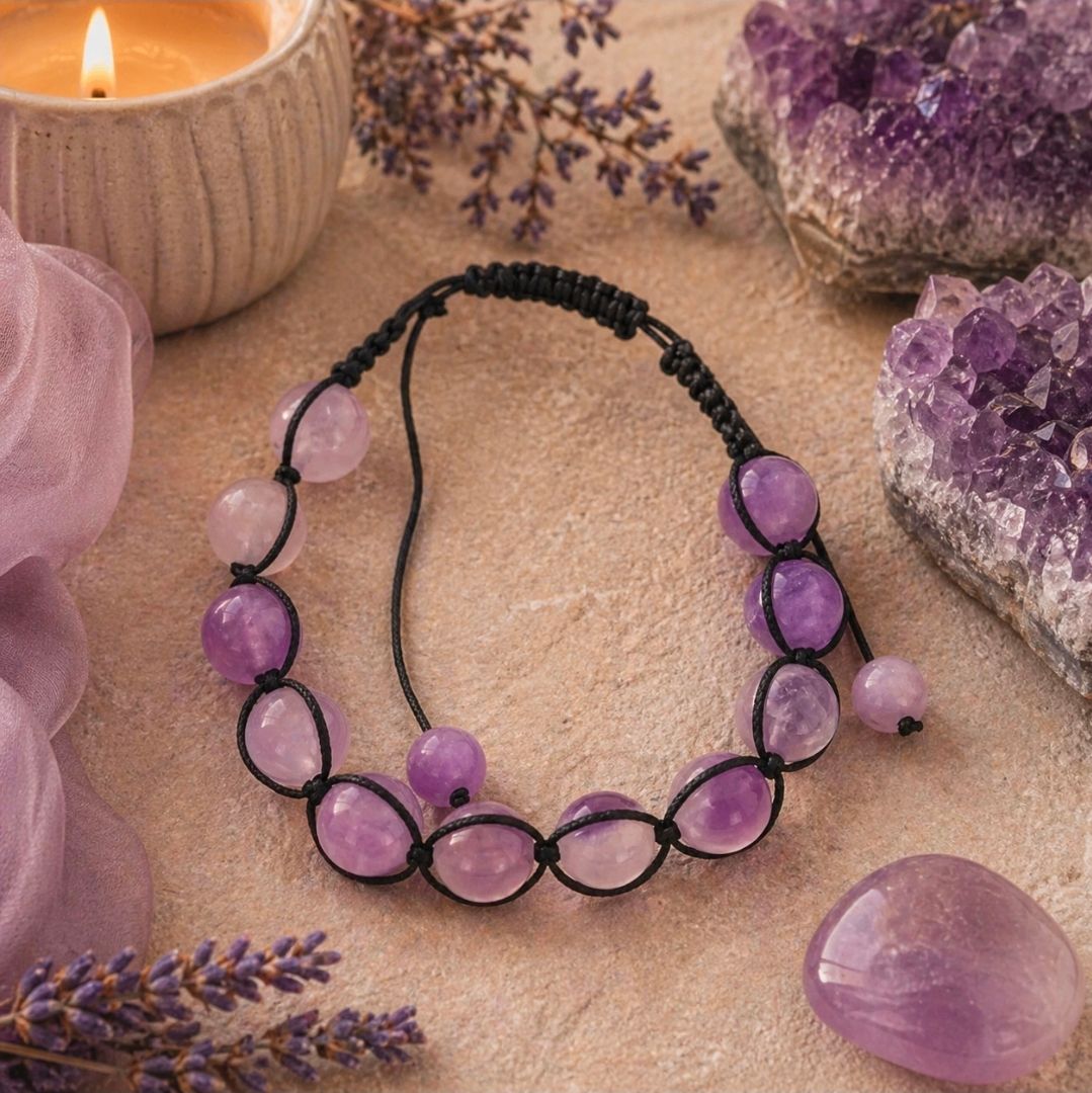 Zwarte kralenarmband met roze en paarse steentjes op een beige ondergrond, versierd met kristallen en een kaars.