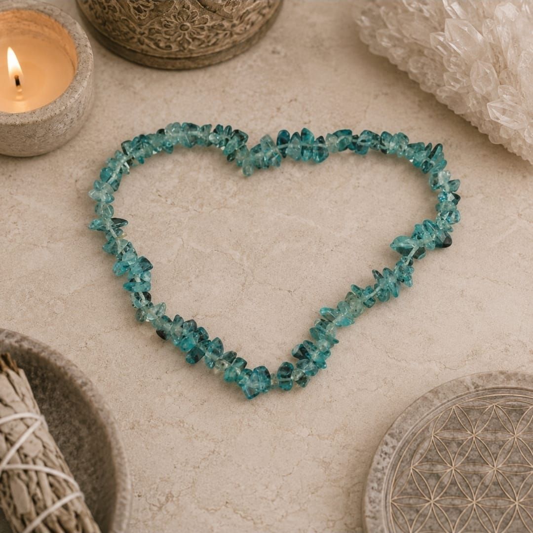 Een hart van turquoise kristallen op een beige stoffen ondergrond, met een brandende kaars en geweven decoratie ernaast.
