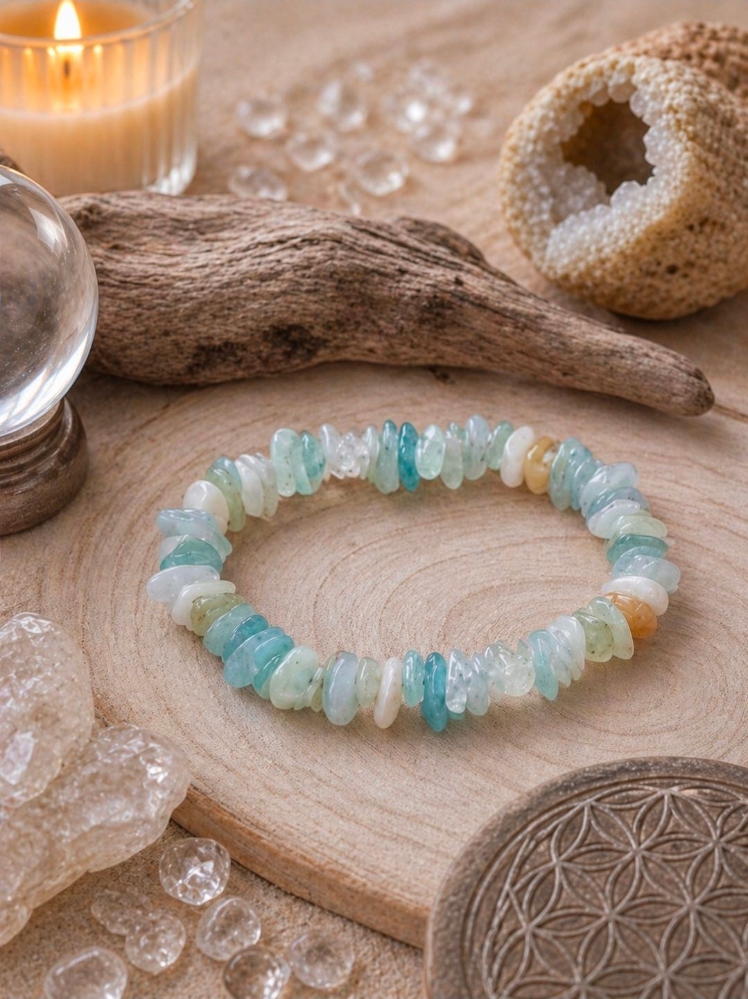 Een pastelkleurige kralenarmband op een houten dienblad met kaarsen, kristallen en een gevlochten bundel salie.