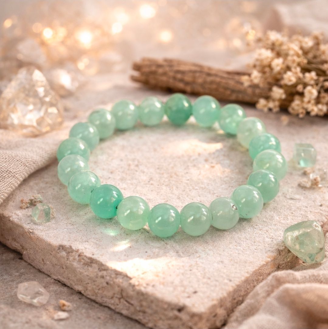 Mintgroene kralenarmband op een beige stenen plaat met gedroogde bloemen en een zachte stoffen achtergrond.