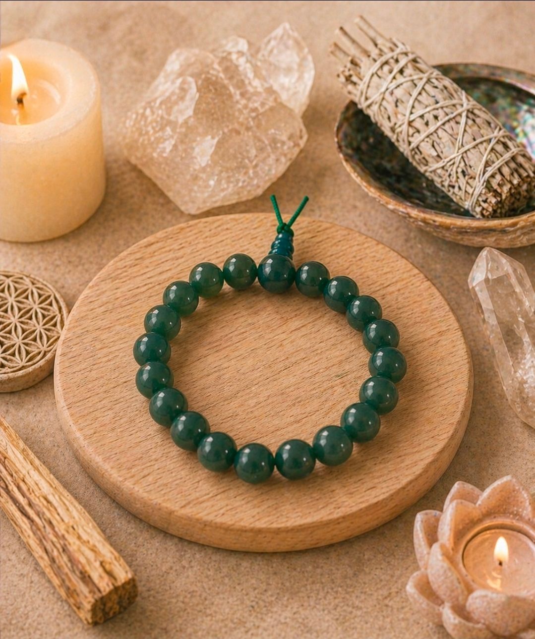 Groene kralenarmband op een houten dienblad met kristallen, kaarsen en een bosje salie.