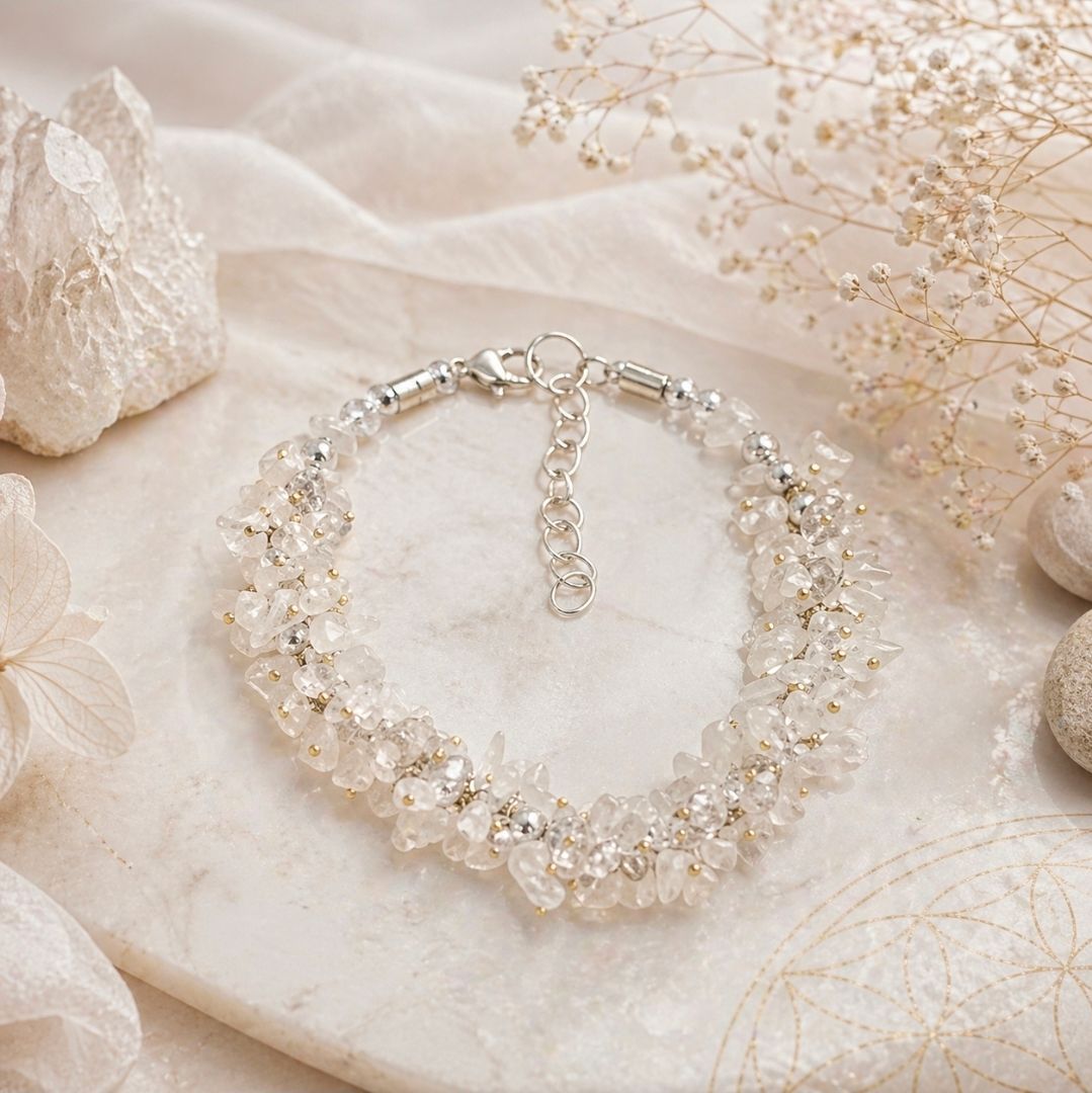 Verfijnde armband van parels en kristallen op zachte beige stof met gedroogde bloemen.