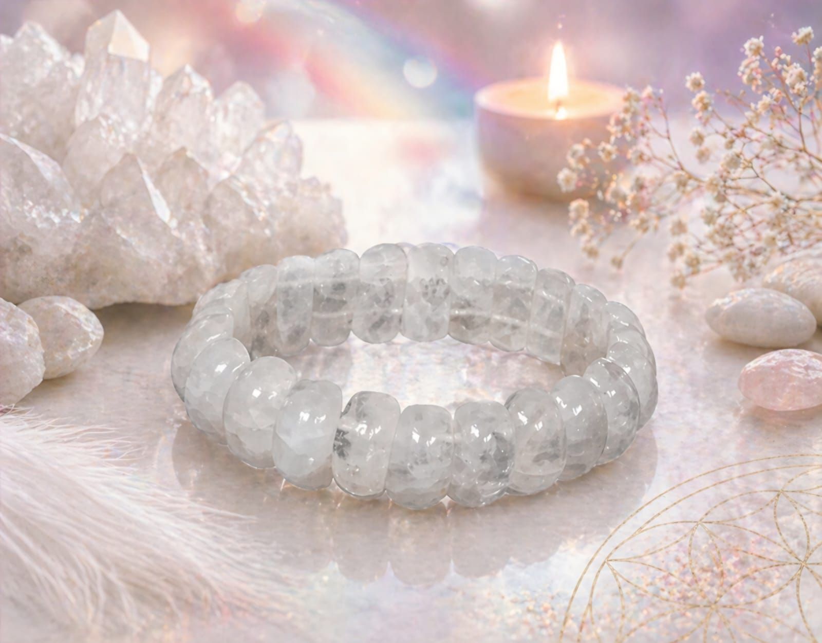 Een armband van heldere kristallen op een zachte pastelkleurige stof, naast een brandende kaars en kwartskristallen.