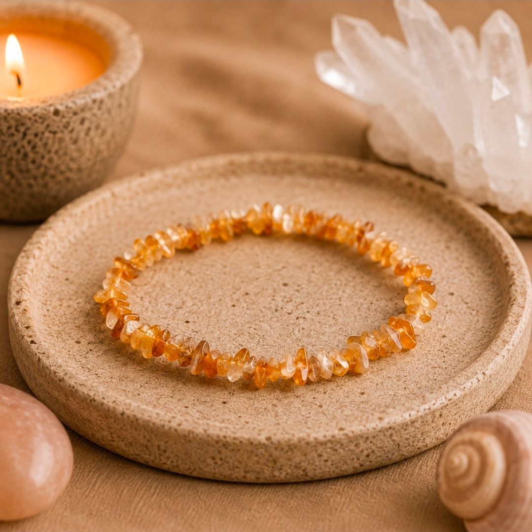 Een armband van barnsteenkralen op een beige stenen schaaltje naast een brandende kaars en heldere kristallen.