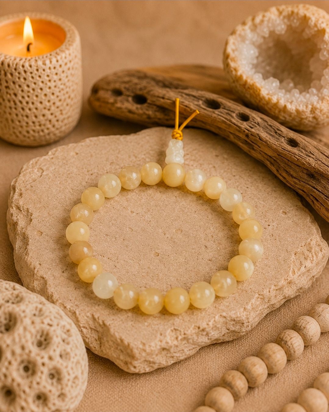 Beige kralenarmband op een zandkleurige steen, met kaarsen en natuurlijke decoratie op de achtergrond.