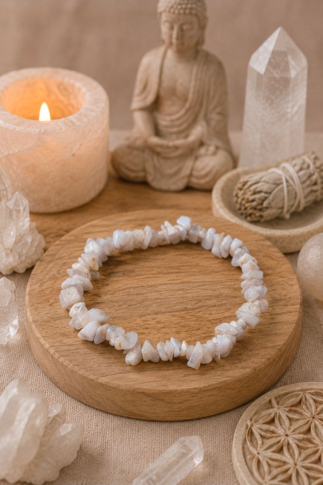 Een armband van witte stenen op een houten dienblad met kristallen, een Boeddhabeeldje