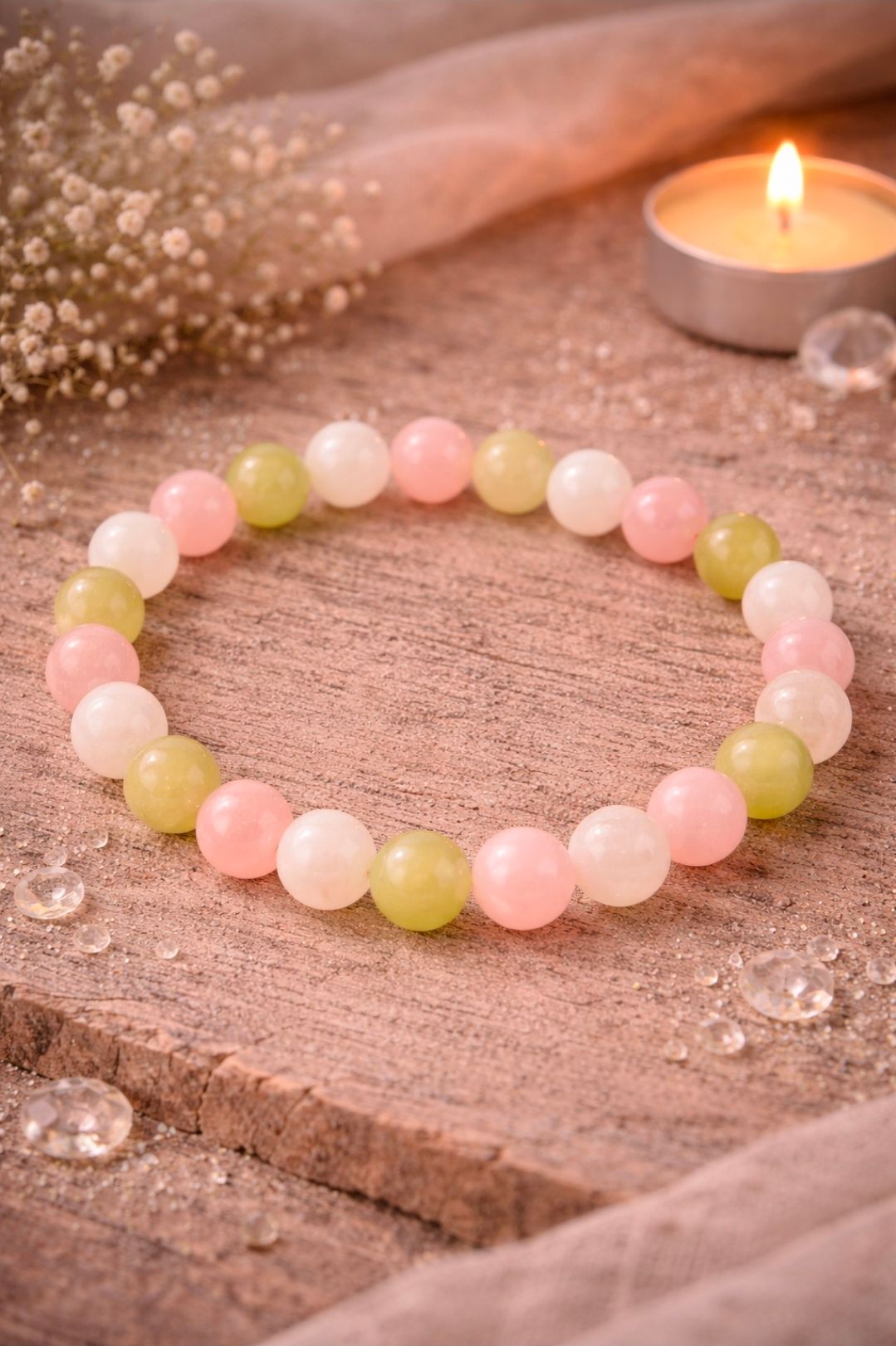 Pastelkleurige kralenarmband op een gestructureerde ondergrond naast een brandende kaars.