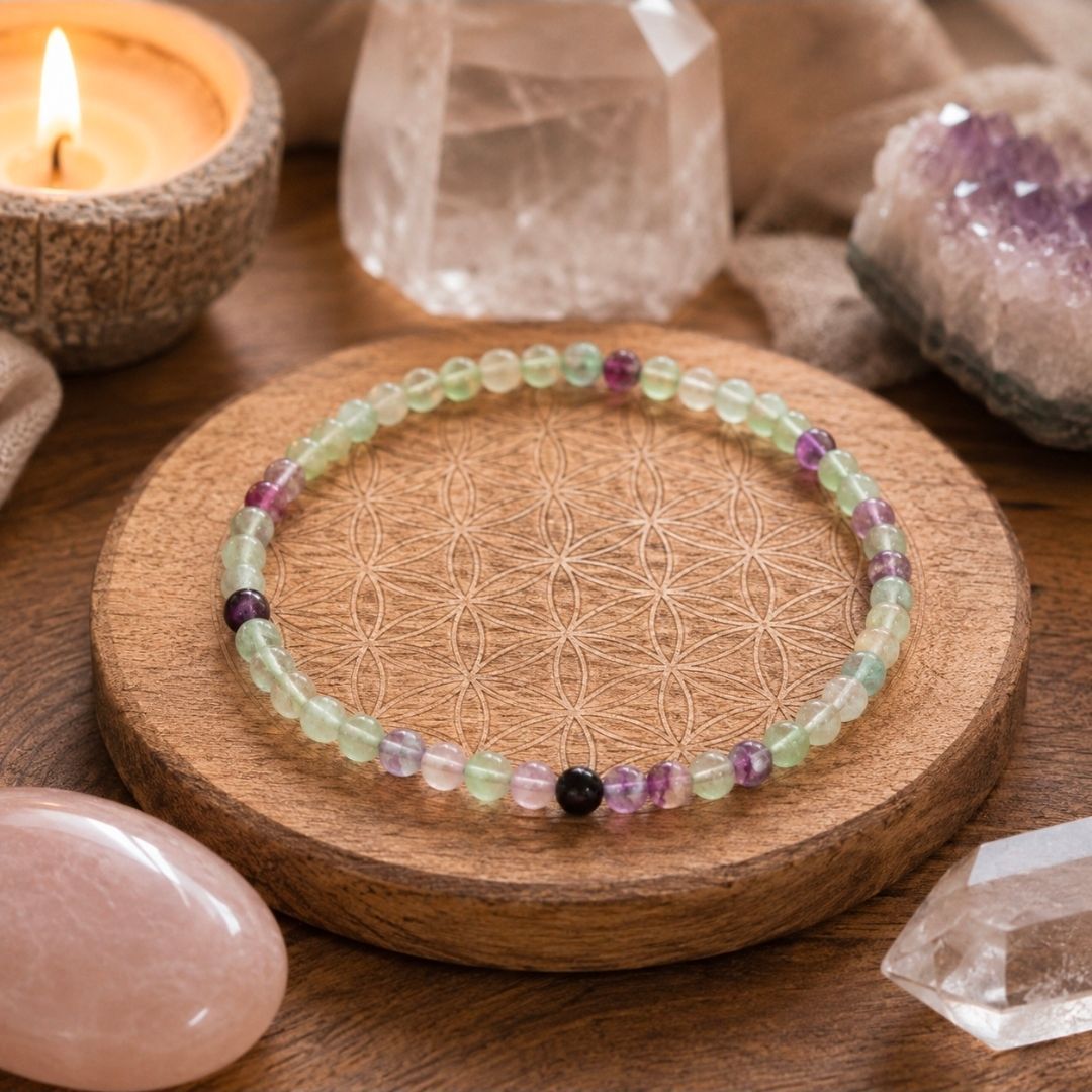 Pastelkleurige kralenarmband op een houten standaard met kristallen en een brandende kaars.