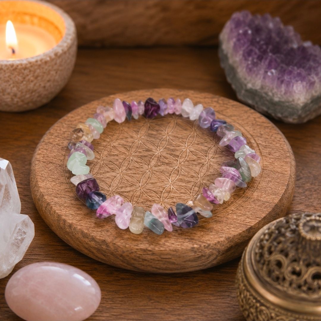 Kristallen armband op een houten schaaltje naast een brandende kaars, een amethistcluster en een rozenkwartssteen.