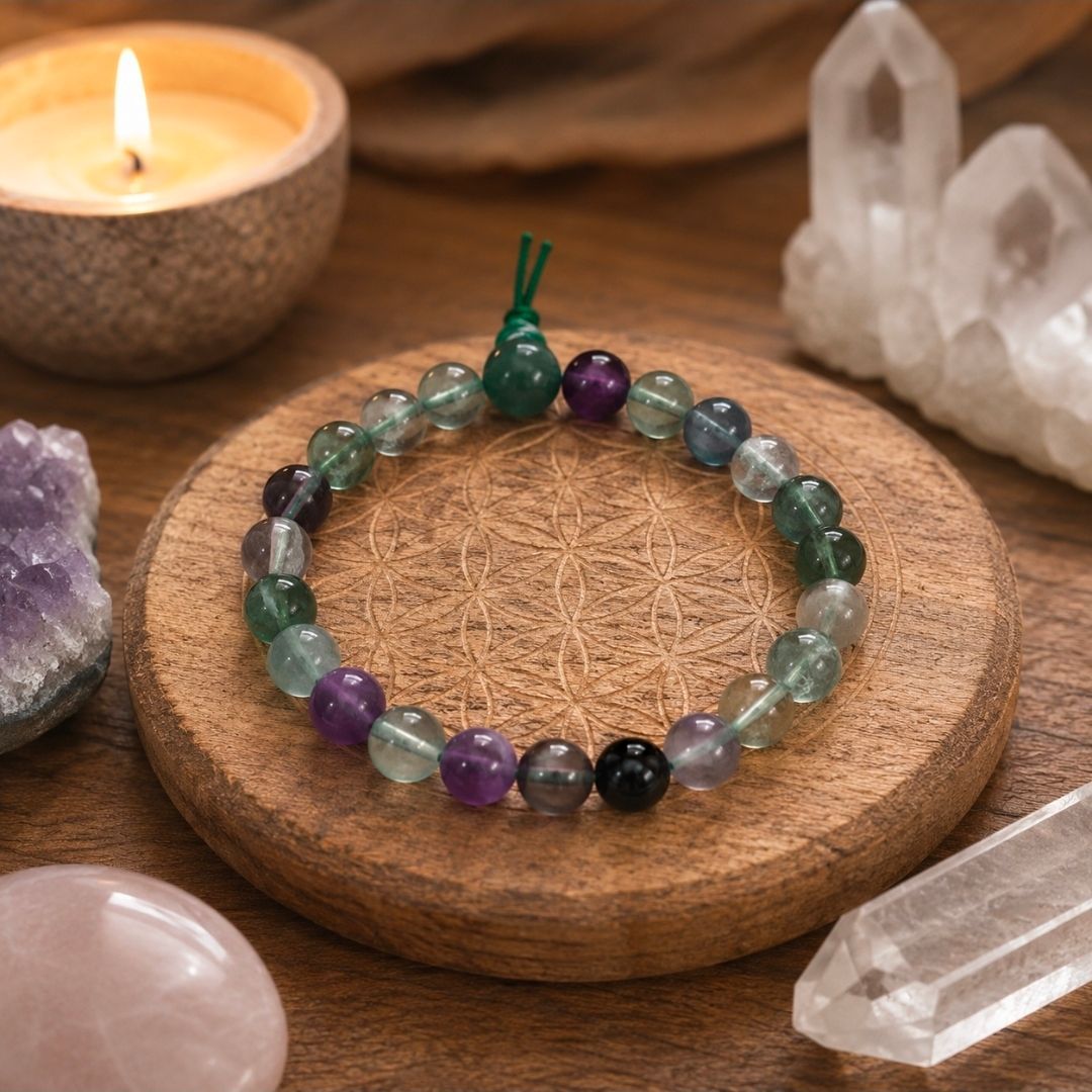 Een kralenarmband met paarse, groene en zwarte stenen op een rond houten dienblad, omringd door kristallen en een kaars.