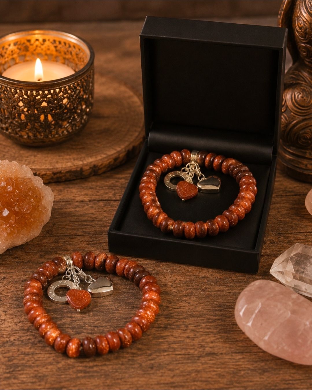 Twee bruine kralenarmbanden in een zwarte doos, en daarnaast, op een warm verlichte tafel met kristallen.