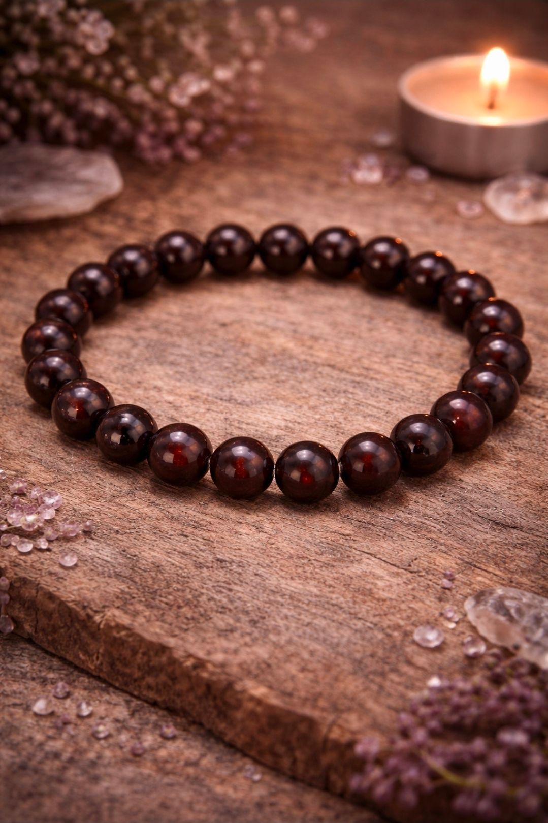 Donkere kralenarmband op rustiek hout met een brandende kaars en paarse bloemen in de buurt.