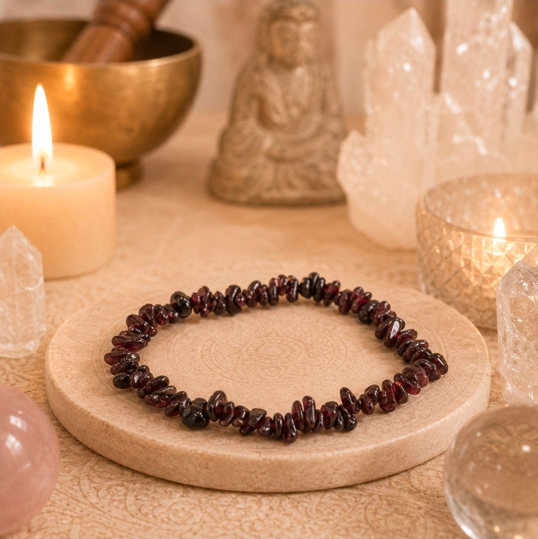 Een donkere kralenarmband op een rond houten dienblad met kaarsen en kristallen decoratie in een warme spa-omgeving.