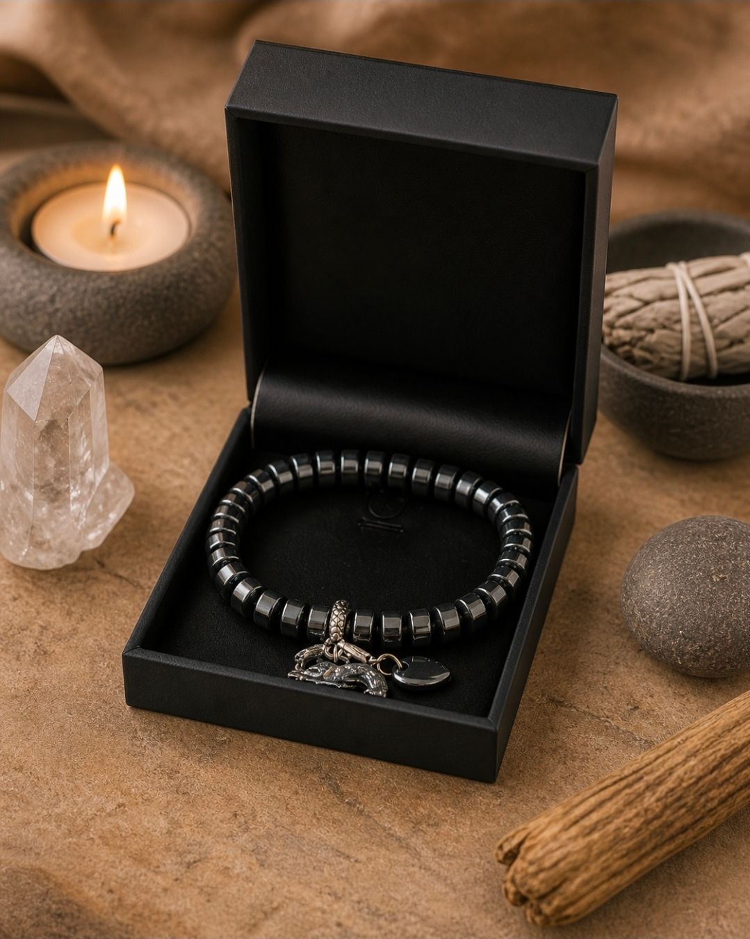 Een zwarte kralenarmband in een open geschenkdoos, naast een kaars en kristallen op een houten ondergrond.