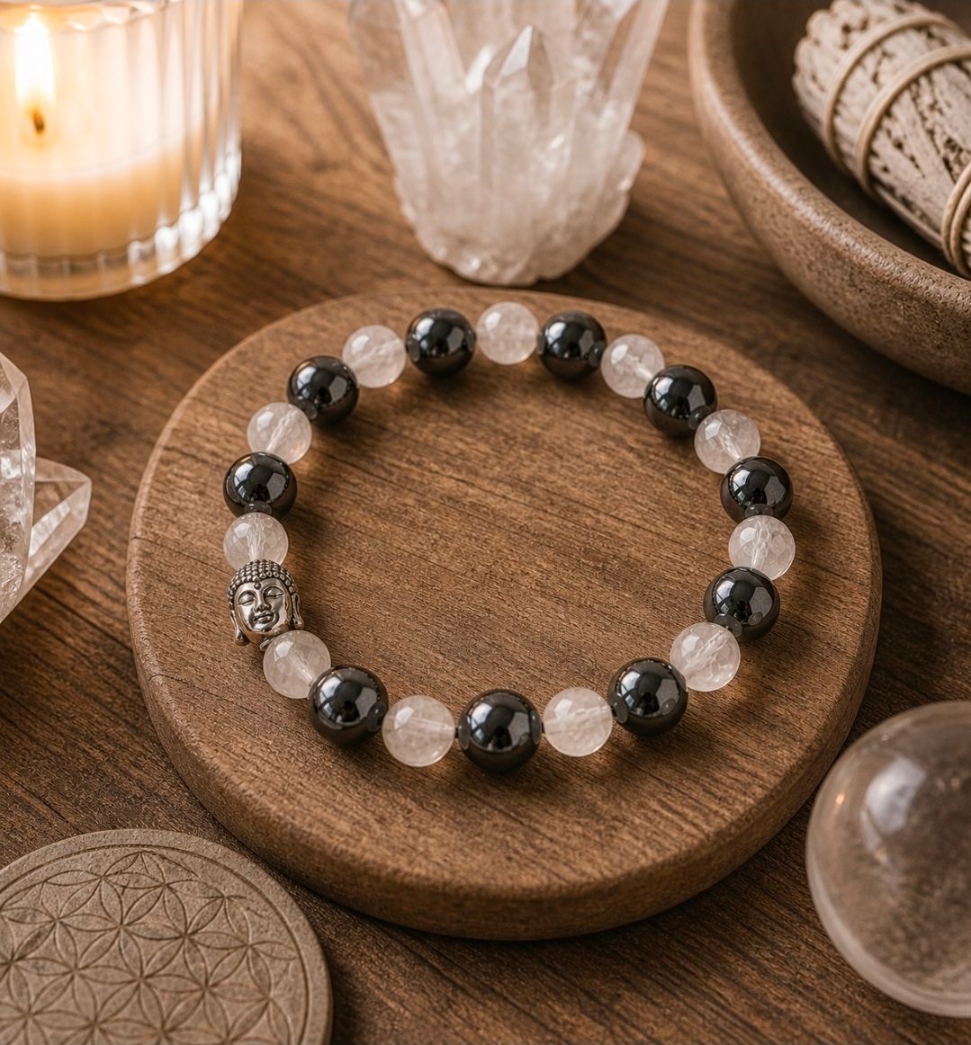 Een kralenarmband op een houten schaal met kristallen, kaarsen en een glazen bol op een warme tafel.