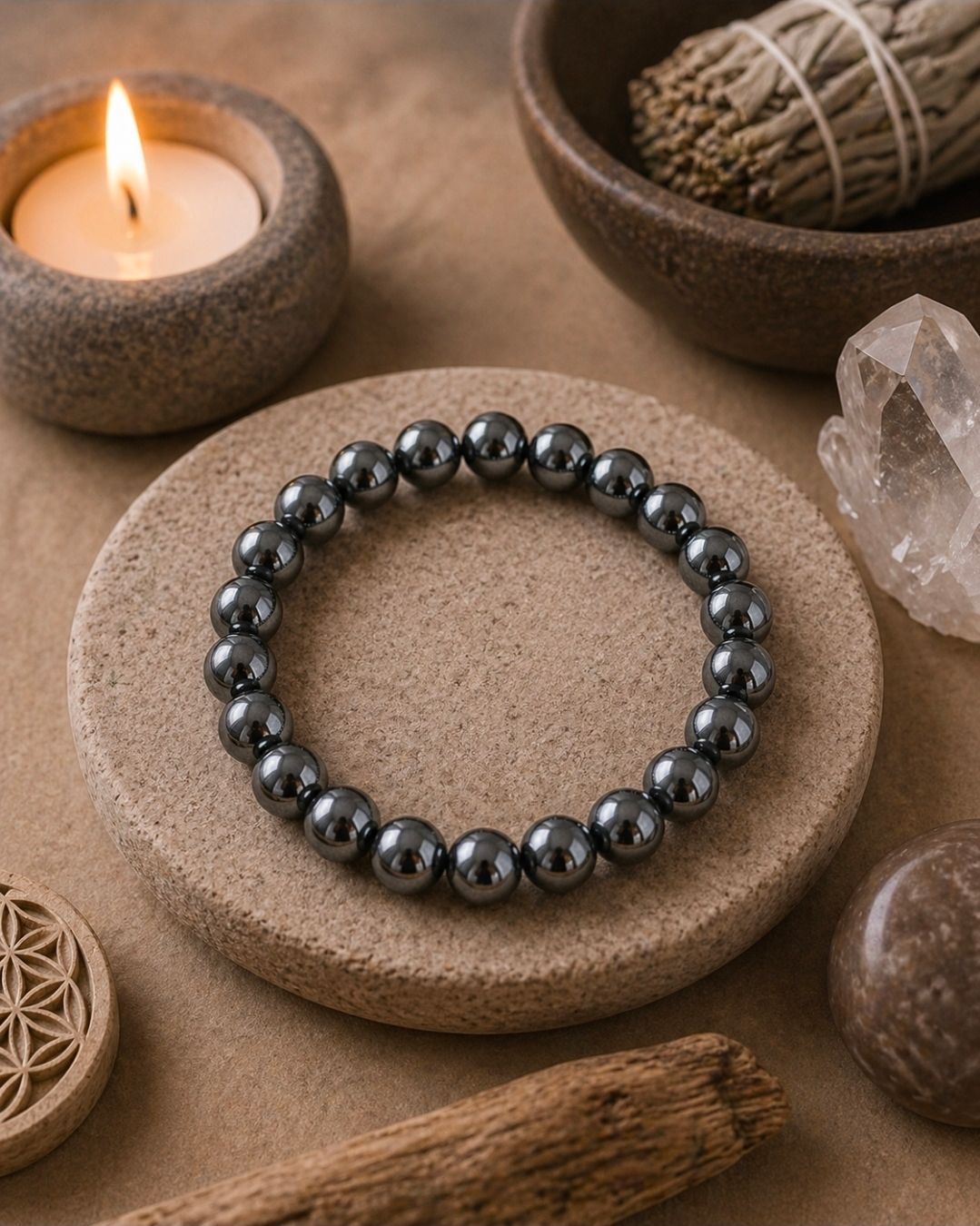 Een armband van zwarte kralen op een stenen voetstuk met kaarsen, kristallen en salie in een warme, spa-achtige omgeving.