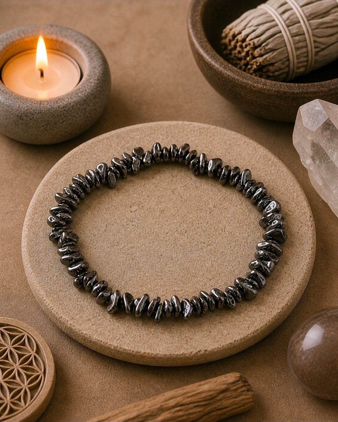 Een donkere kralenarmband op een beige schaal, omringd door kaarsen, kristallen en houten decoraties.