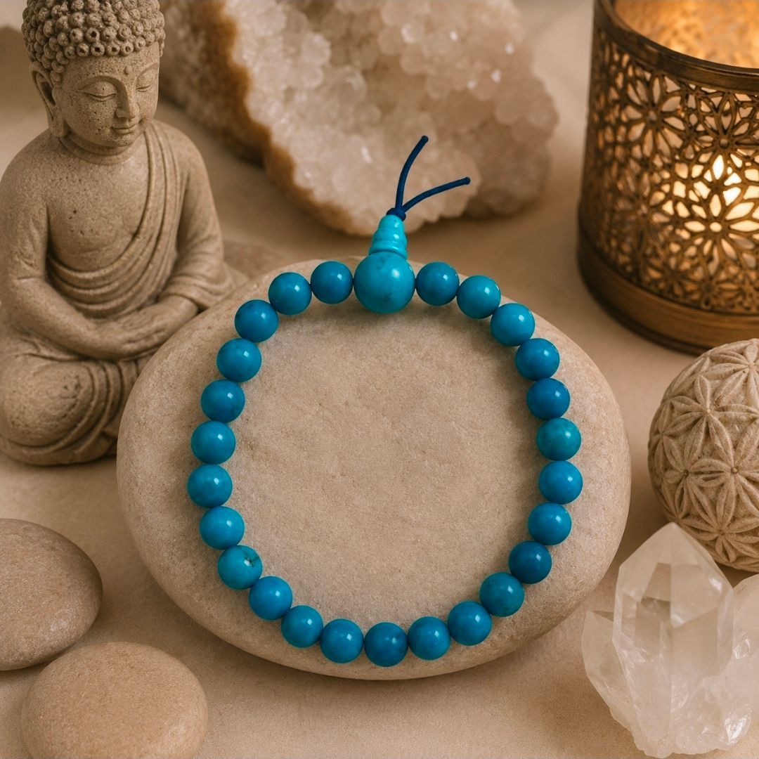 Blauwe kralenarmband op een steen met een Boeddhabeeldje, kaars en kristallen in een rustgevende spa-omgeving.